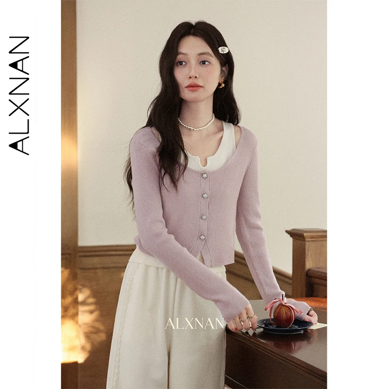 

ALXNAN поддельный фиолетовый свитер из двух частей с пятиконечной звездой и пуговицами, пуловеры с длинными рукавами, осенние облегающие вязаные топы, женские L569197