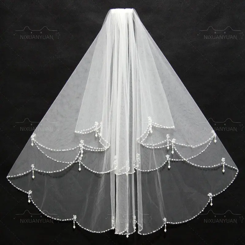 Voile de mariage de luxe avec bord en cristal, voile court à deux couches, voile en tulle blanc ivoire pour patients, vente en gros, 2023