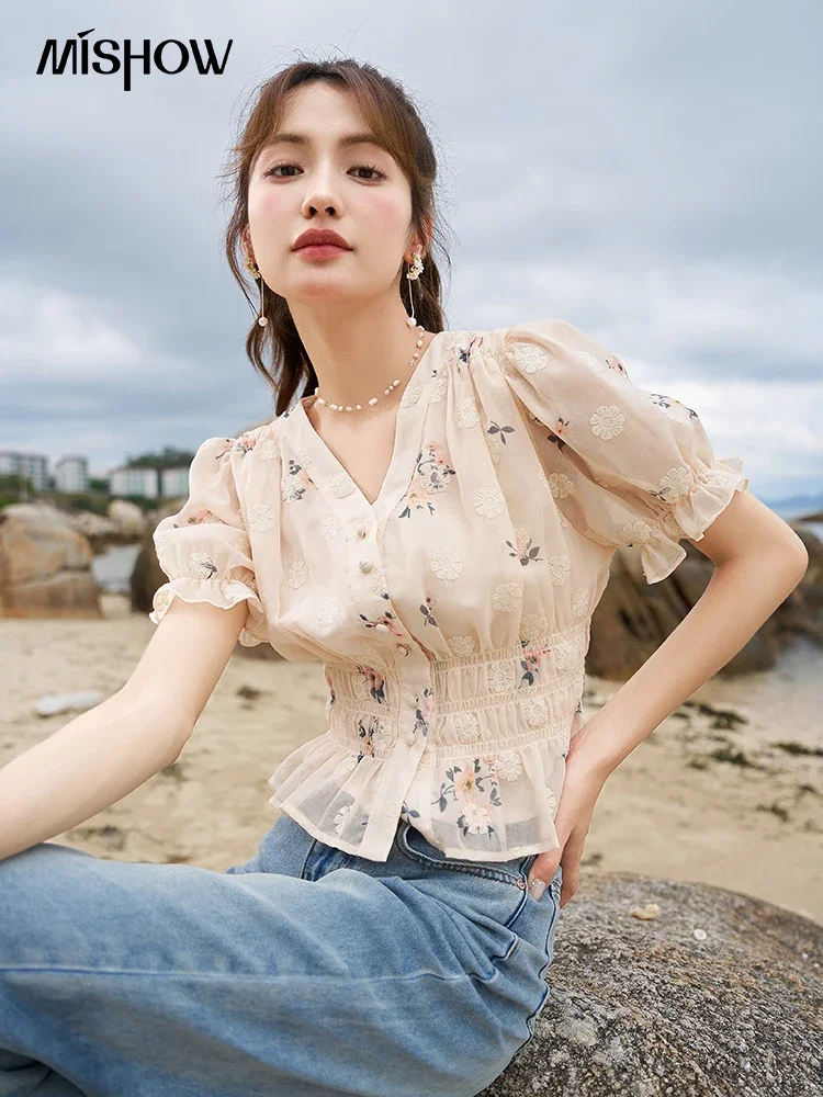 MISHOW Short Sleeved Embroidered Flower Blouses Summer 2023 Ruffles French Chic V-neck Puff Sleeve Waist Elegant Top MXC38X0048