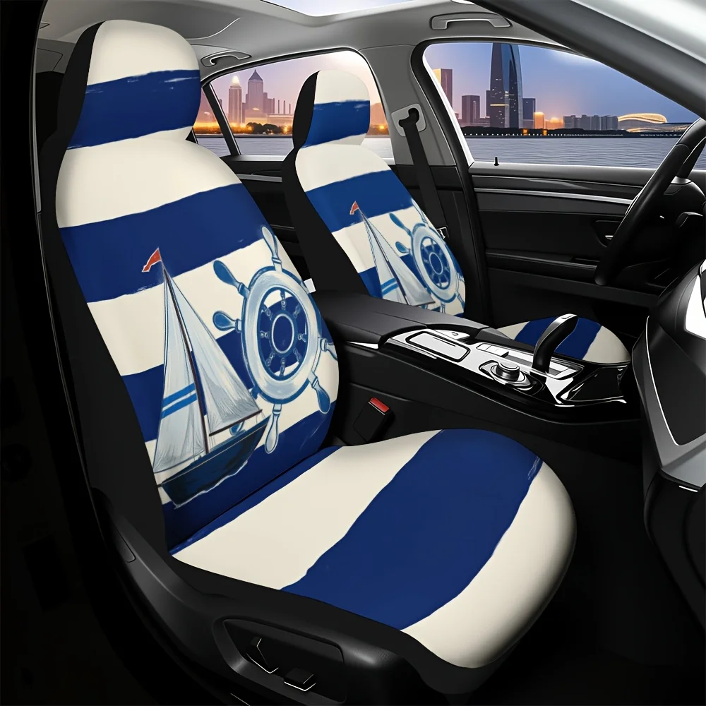 2pcs, Sailboat Stripes Helm Pattern Car Seat Covers, Washable And Comfortable, Fit For Front Seats Of Cars And Trucks, Ideal Fo