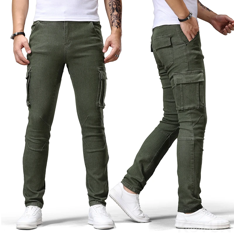 KSTUN Street Jeans elastici da uomo Pantaloni cargo in denim rosso Lavaggio tinta unita Multi tasche Pantaloni casual Slim Fit Abbigliamento quotidiano Jogging