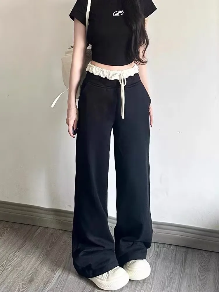Pantalones casuales de encaje Retro americano Bla, pantalones de pierna ancha ajustados sueltos de cintura alta para mujer, novedad de verano, pierna recta cómoda Sle...