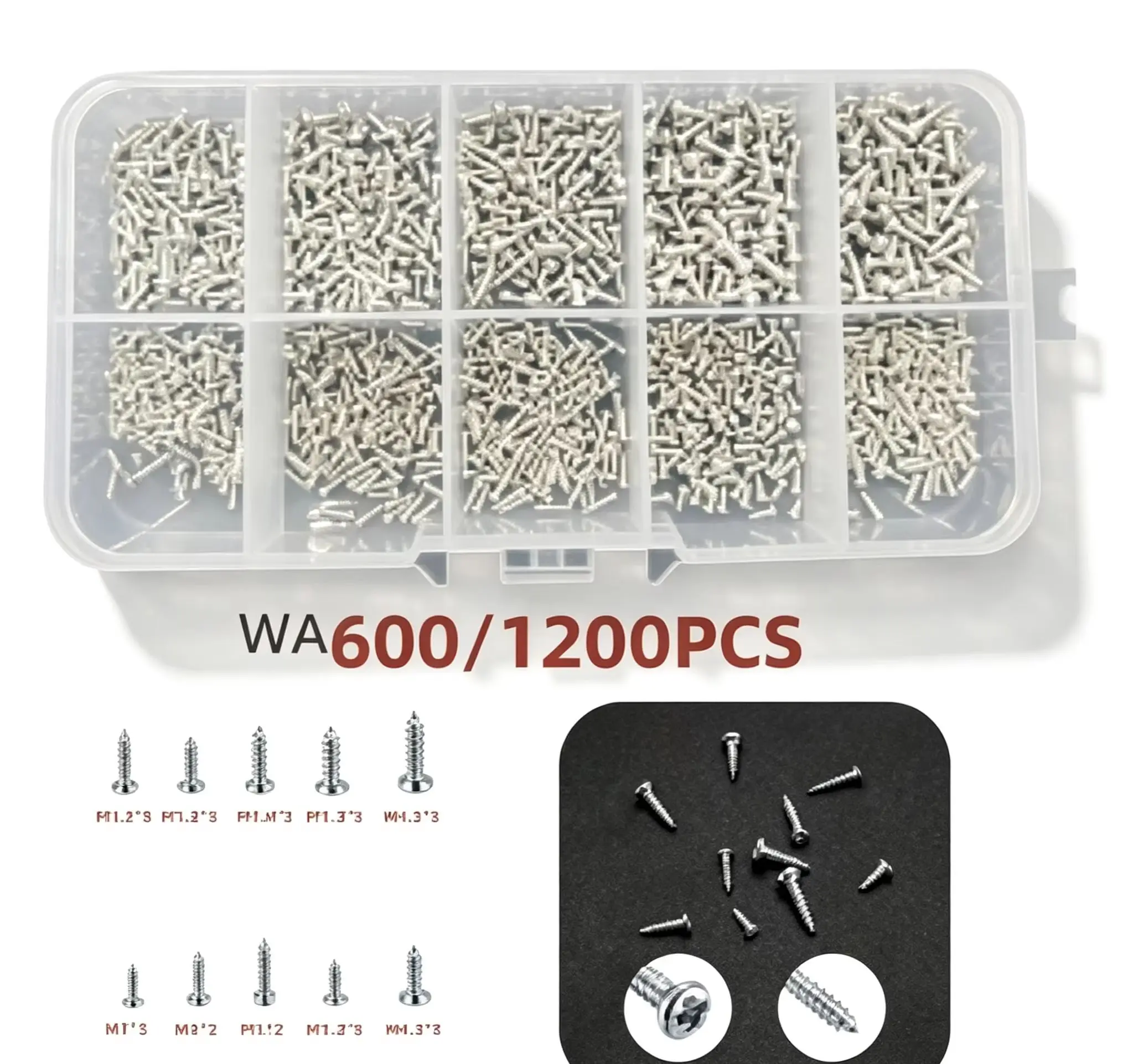 600/1200 Sets Miniature Self-Tapping Screws, Miniature Crosshead Metal Screws Classification Kit