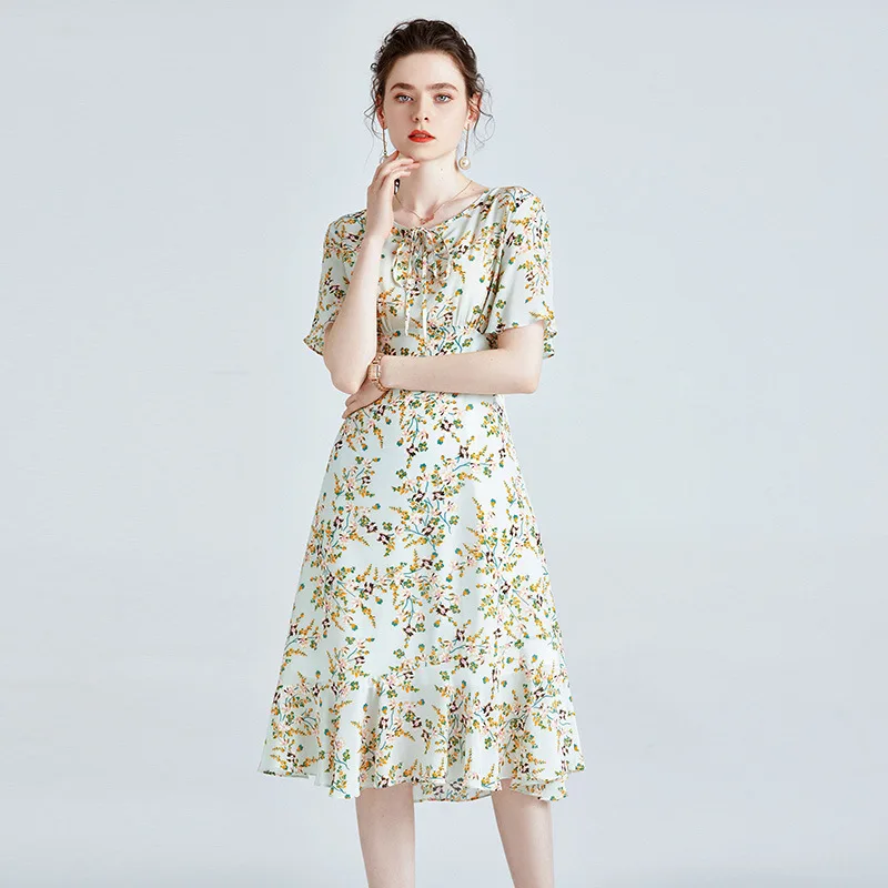 Silk High-End Printed Short Sleeve French Summer Fairy Young Waist-Tight Slimming Midi Dress