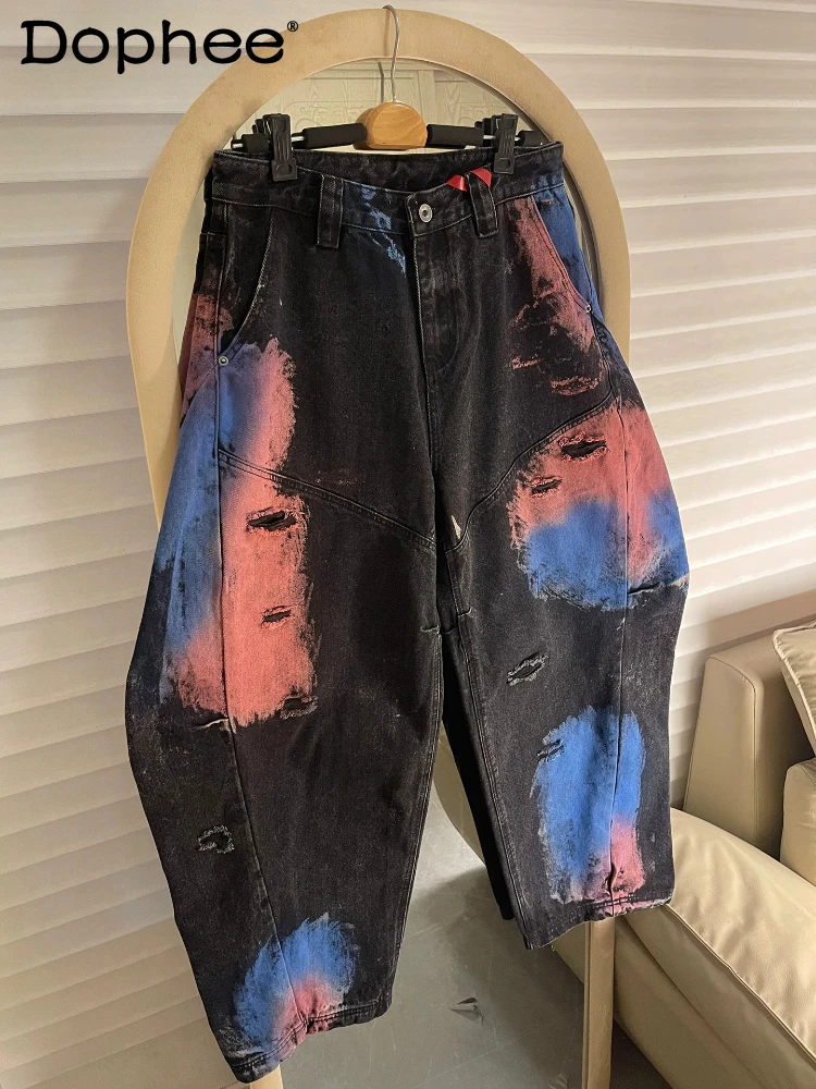 

Men Women 2026 Spring Autumn Loose Comfort Denim Trousers High Street Wide-Leg Denim Pants Painted Graffiti Hole Curved Jeans