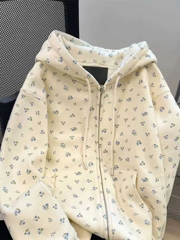 Dolce stampa floreale con cappuccio cardigan aperto felpa da uomo primavera autunno oversize allentato Fufu Fce Jaet cotone 00% lungo Sve