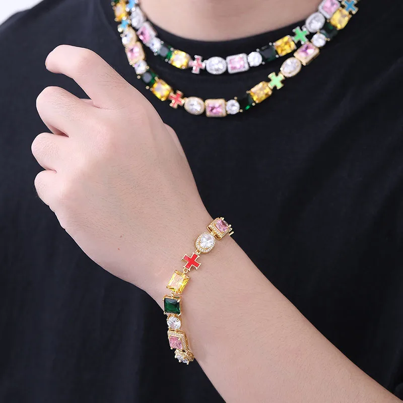 Hip Hop 5A+ CZ Stone Bling Iced Out Cross Chain Necklace for Men Rapper Colorful Jewlery Gold Silver Color