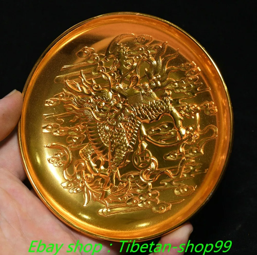 4.1"Old CHinese Dynasty Bronze Gilt Kylin Dragon unicorn Beast Tray Dish Plate view 3