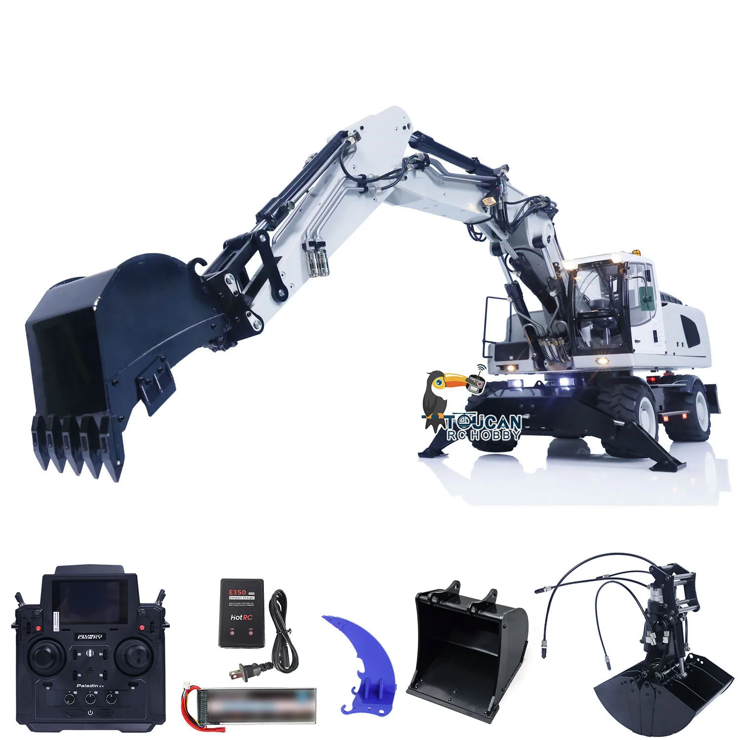 R946 1/14 Hydraulic Remote Control Excavator Wheeled Digger Clamshell Bucket Ripper Sounds