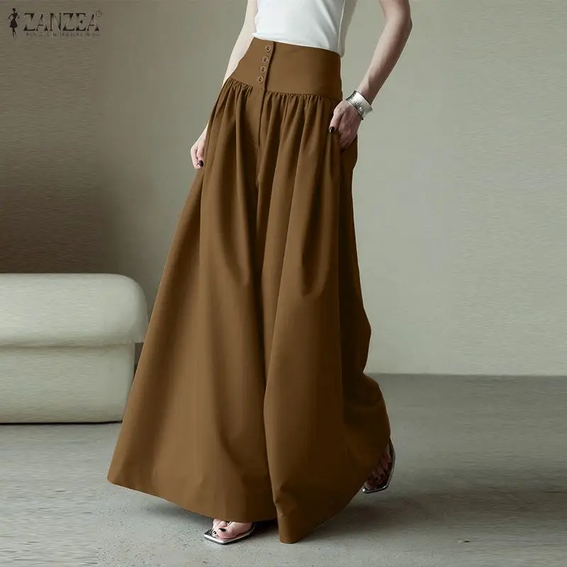 ZANZEA 2026 Casual Loose Wide Leg Trousers Women Pants Buttons Fashion Summer Capris Pleated Solid Color Long Bottoms Oversized