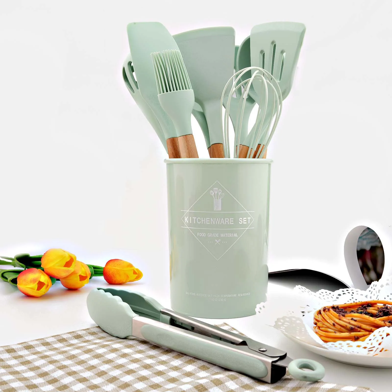 1Pcs Mint Green Silicone Cooking Utensils Set Non-Stick Spatula Shovel Wooden Handle Cooking Tools Set Kitchen Tool Accessories