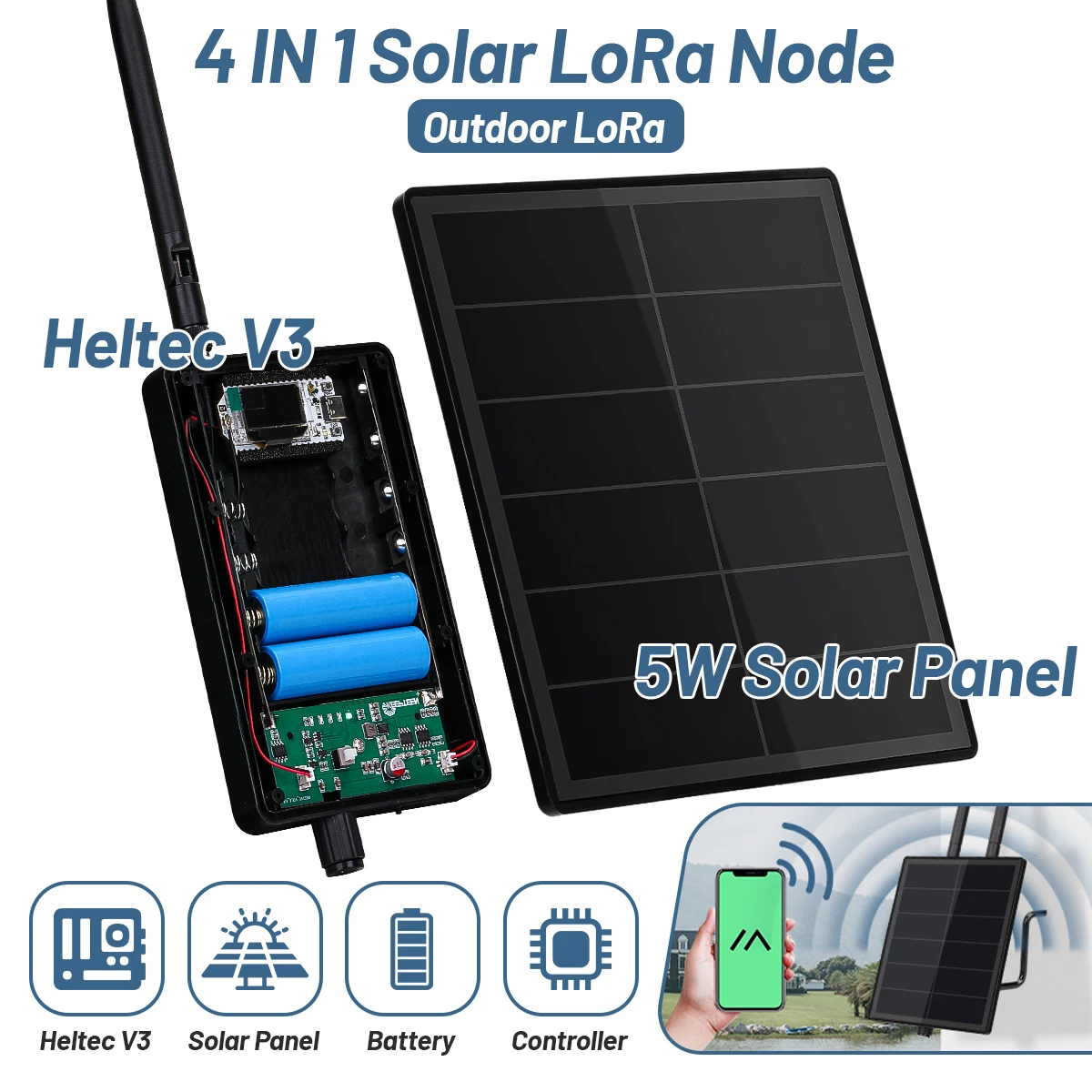 D5L Solar LoRa con placa Heltec LoRa32 V3, Panel Solar de 5W alimentado SX1262 LoRaWAN, nodo meshtástico Solar, batería integrada, WiFi BLE