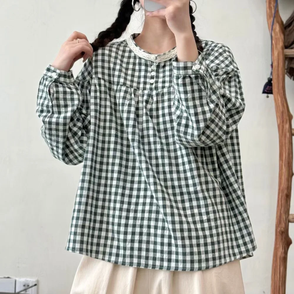 

[Готовый запас] Высококачественная женская блузка из 100% хлопка, универсальная кружевная рубашка с грибком, свободные весенне-осенние клетчатые рубашки с длинными рукавами