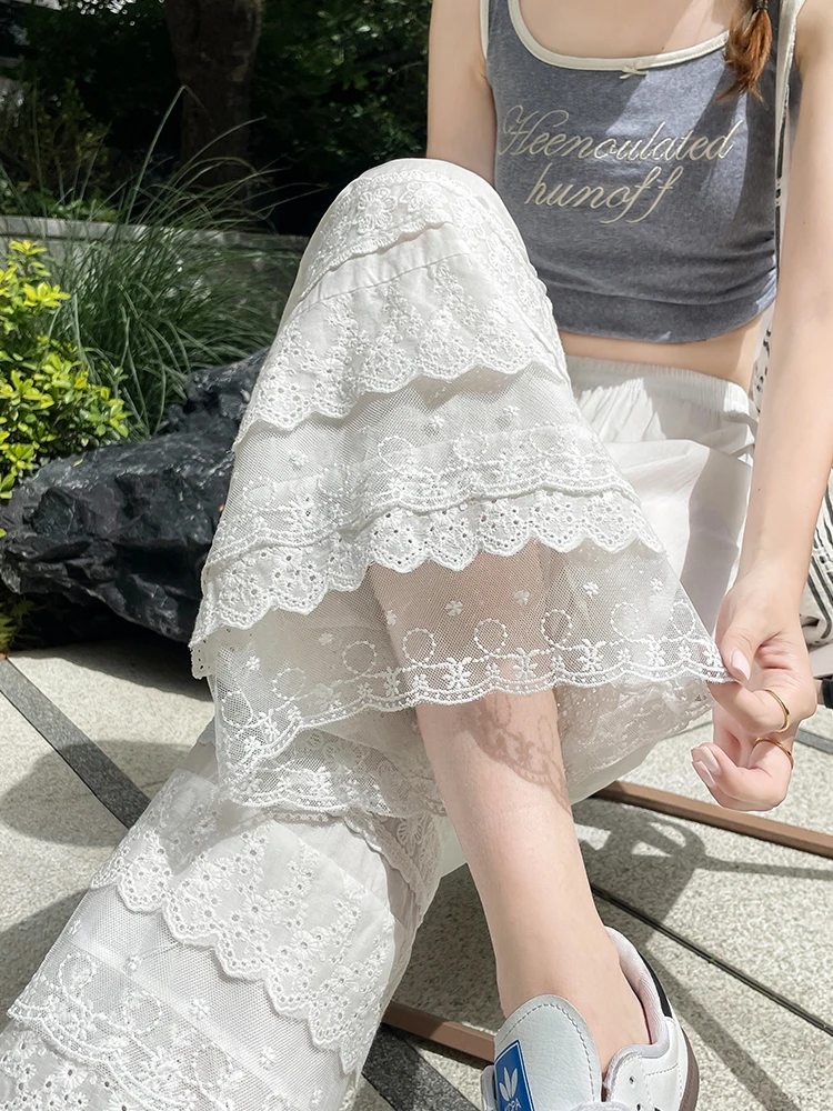 

Винтажные кружевные тонкие укороченные широкие брюки с рюшами для женщин, летние эластичные повседневные прямые брюки с высокой талией