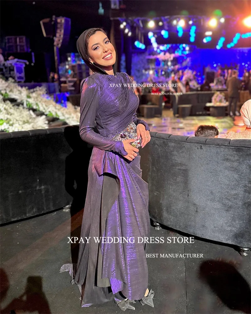 XPAY Shiny Purple Muslim Arabic Women Evening Dresses Long Sleeves Pleats O-Neck Hijab Floor Length Formal Prom Gowns Occasion