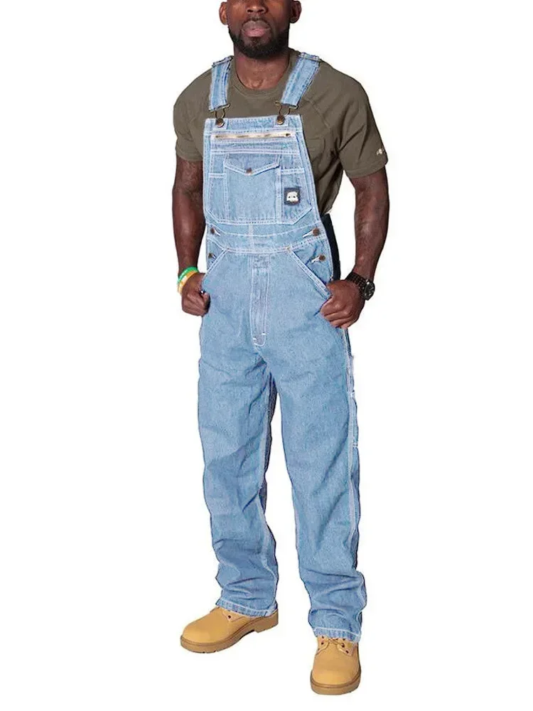 Men Overalls Jeans Bib Denim Cargo Work Pants New Trousers Large Size Summer Male Multi-pocket Strap Casual Streetwear