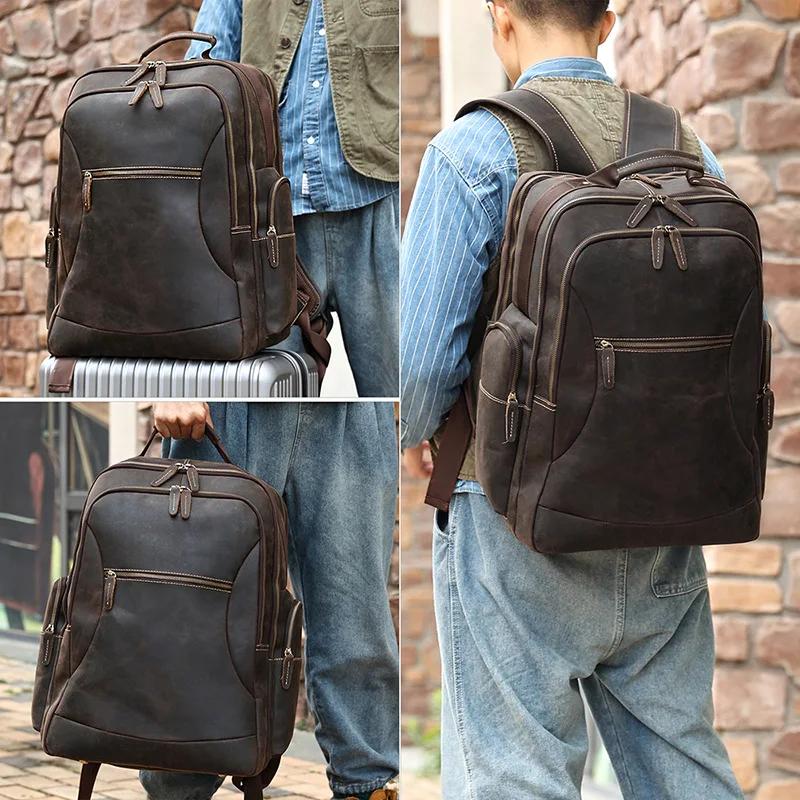 Vintage Crazy Horse Leather Men's Backpack Large Capacity Business Travel Top Layer Cowhide Leather Bag