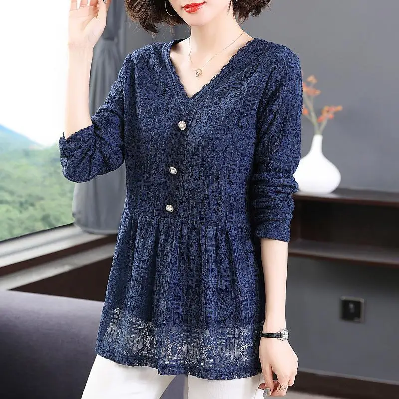 Vintage Solid Color Elegant Lace V-Neck Shirt Women\'s Clothing Spliced Spring Autumn Chic Button Long Sleeve All-match Blouse