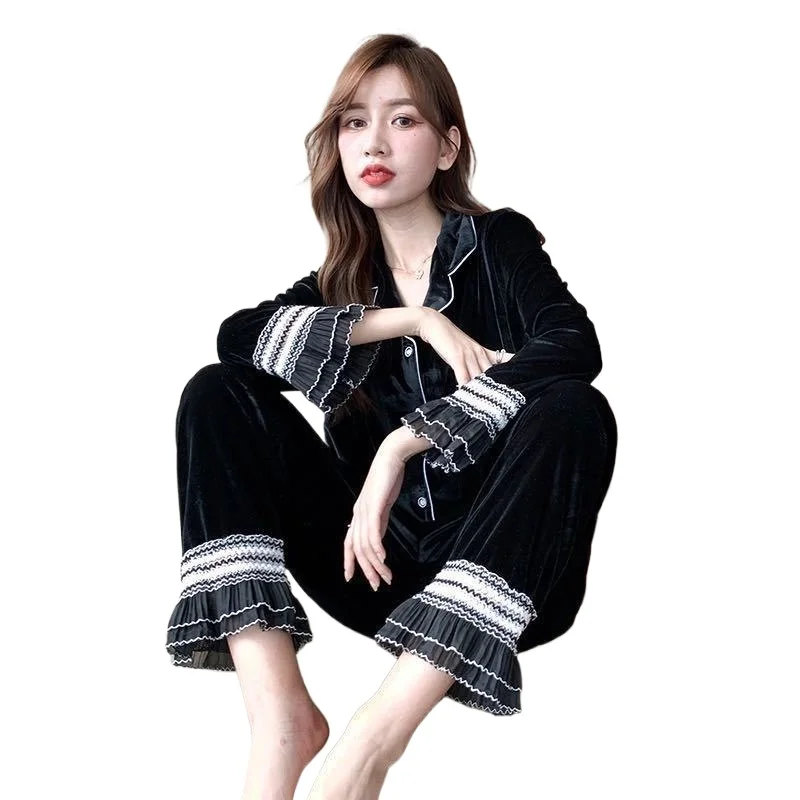 

Золотые бархатные пижамы, женские осенне-зимние комплекты из двух предметов с длинными рукавами, повседневная одежда для дома, которую можно носить на улице, интернет-знаменитости