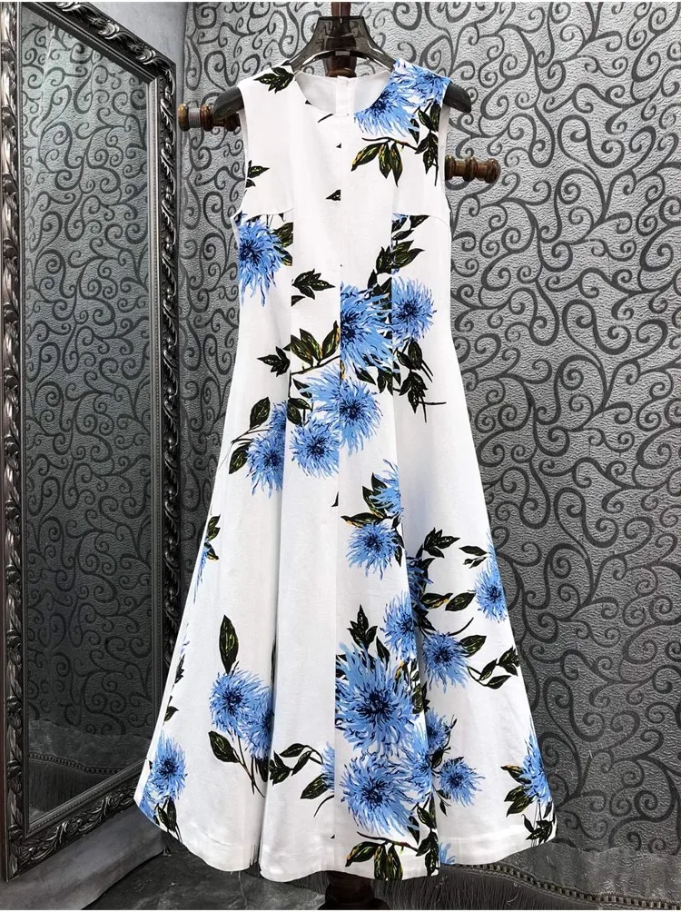 

100%Cotton Dress 2024 Summer Celebrity Party Ladies Blue Floral Prints Sleeveless Mid-Calf Length Party White Luxury Dress XL