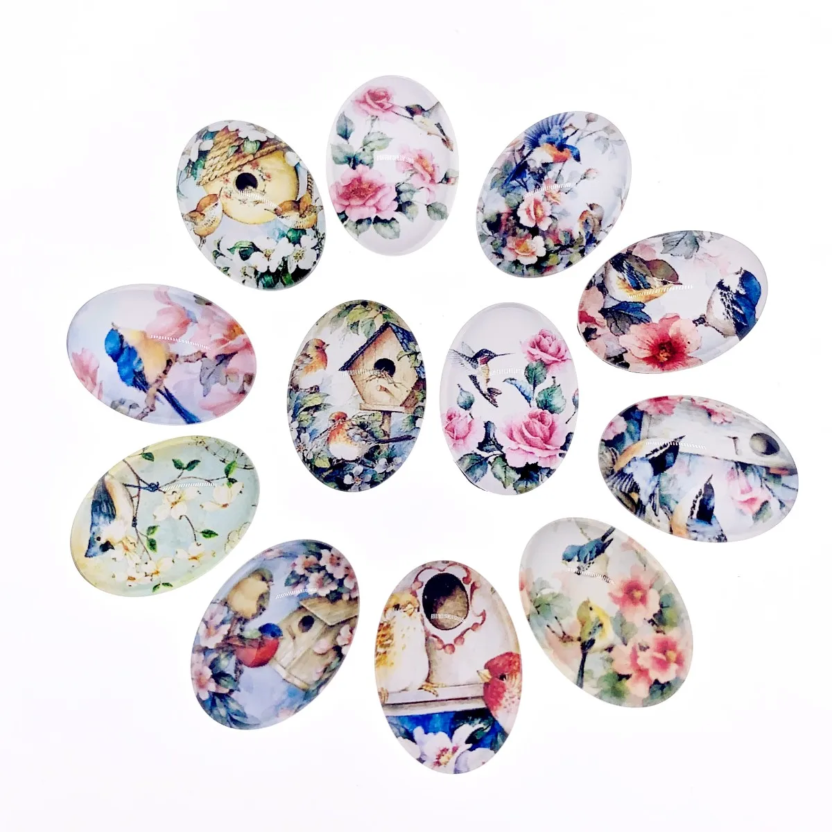 Onebeading 18x25mm Random Mixed Flower Bird Oval Glass Cabochons With Flatback Photo Dome Jewelry Pendant base 20pcs K05397