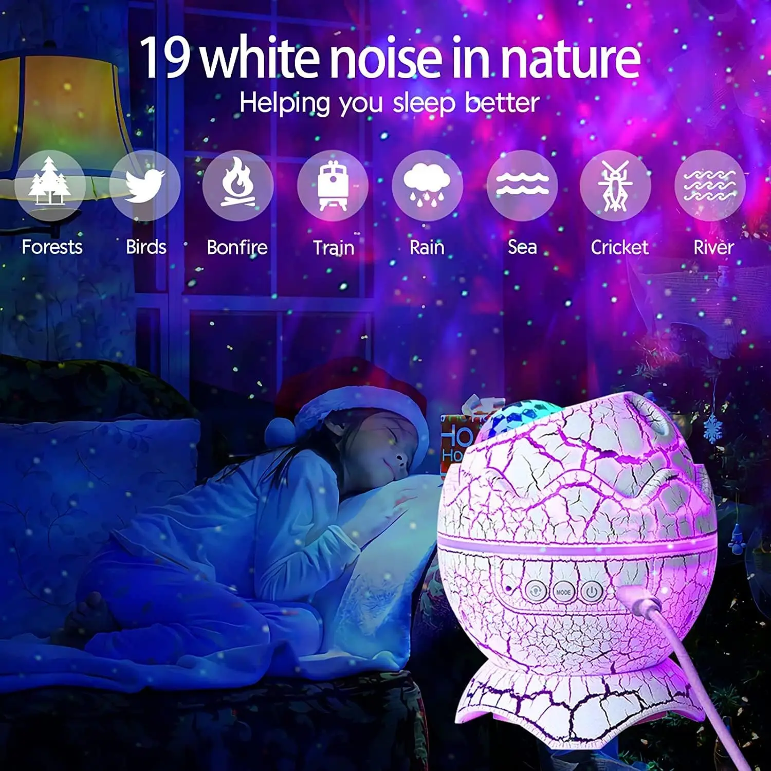 Dinosaur Egg Galaxy Star Projector LED Nebula with Remote Control and White Noise BT Speaker for Kids Room Bedroom Home Ceiling