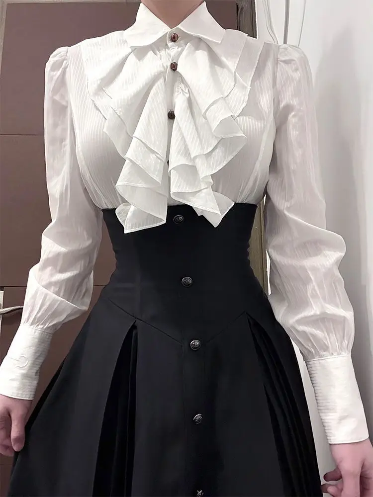 

Y2K Gothic Dark High Waist Loose Skirts+ Lapel Neck Fungus Long Sleeve Shirt Women 2025 Spring Autumn New Two Piece Sets