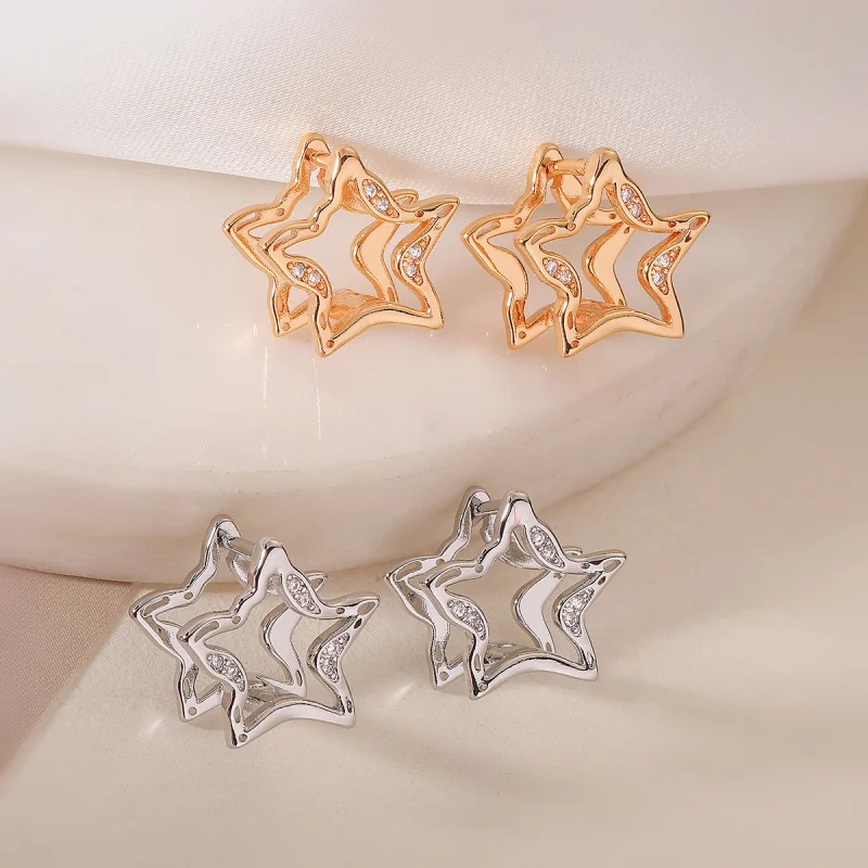 

European and American Fashion Light Luxury Copper Plated 18K Gold Zircon Five-Pointed Star Earrings for Women Niche Personality