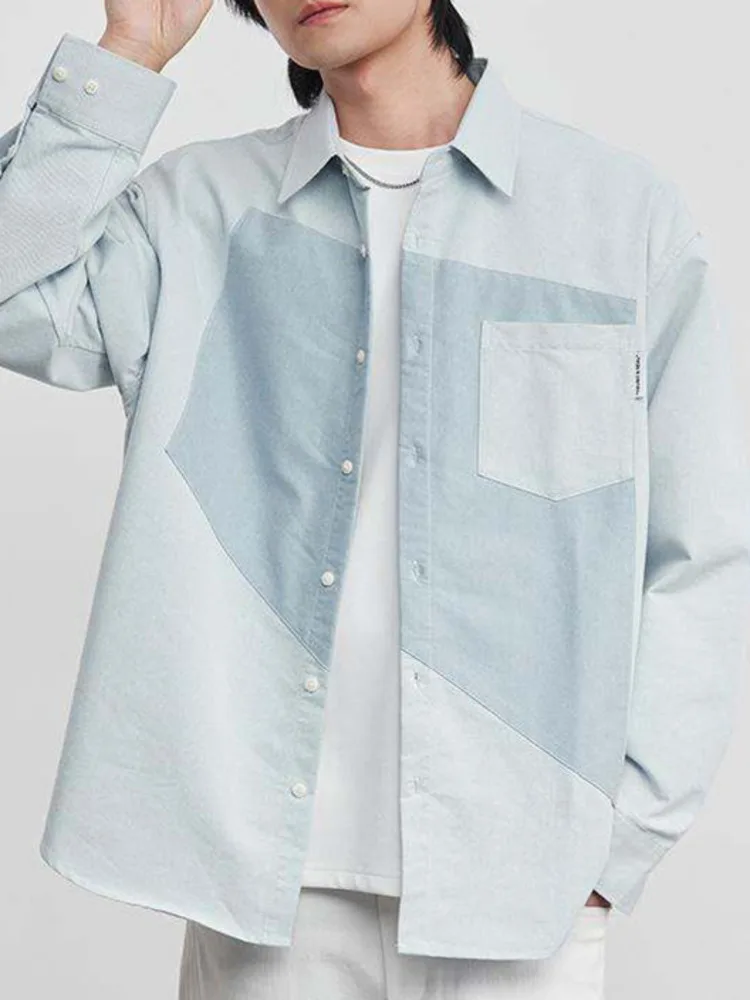 Summer 2026 Spring Logn Sleeve Men's Shirt Light Blue Colorblock Patchwork Single Breasted Turn Down Collar Top 845J