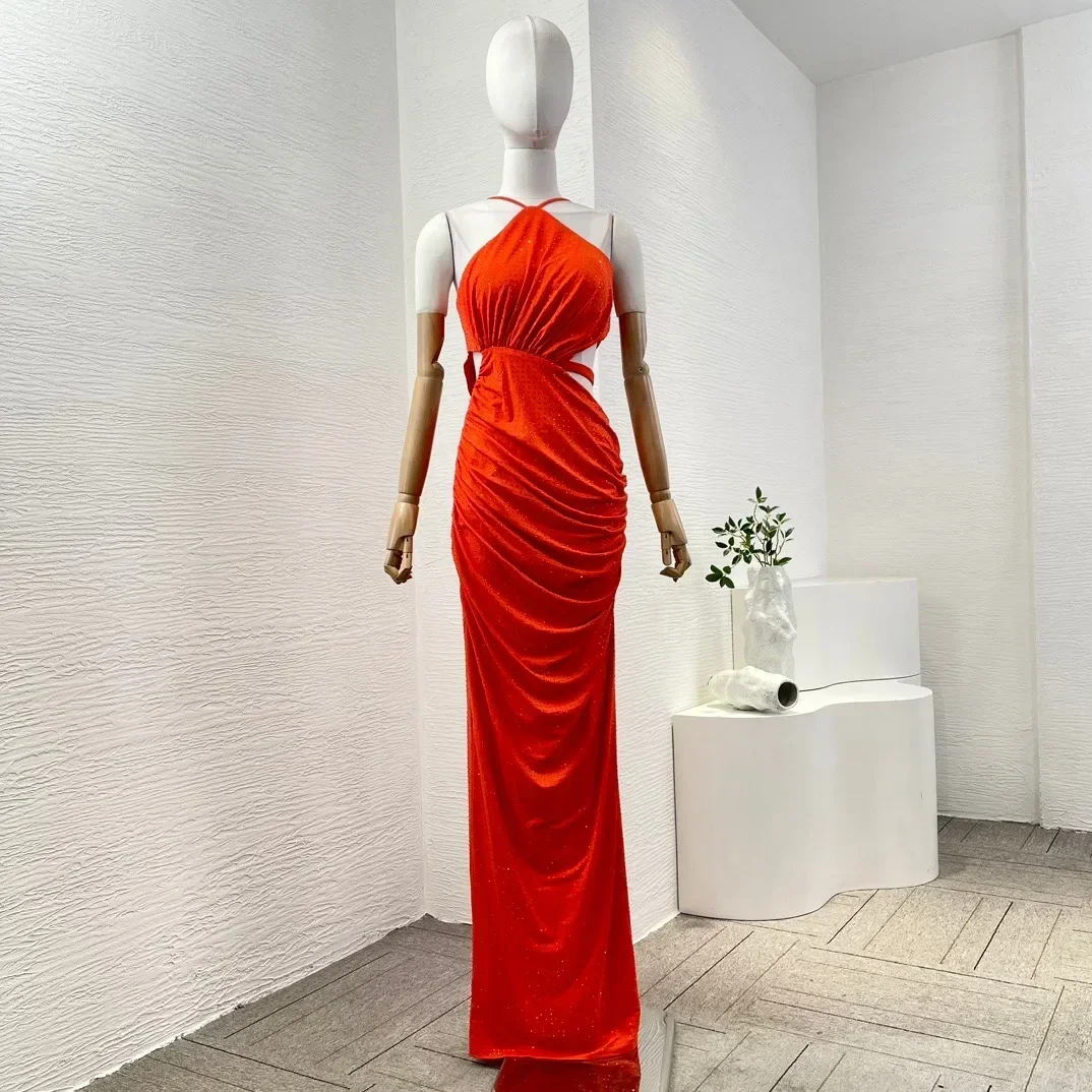 2025 Summer Orange Diamonds Pressed Halter Cot Out Waist Ruched Maxi Dress