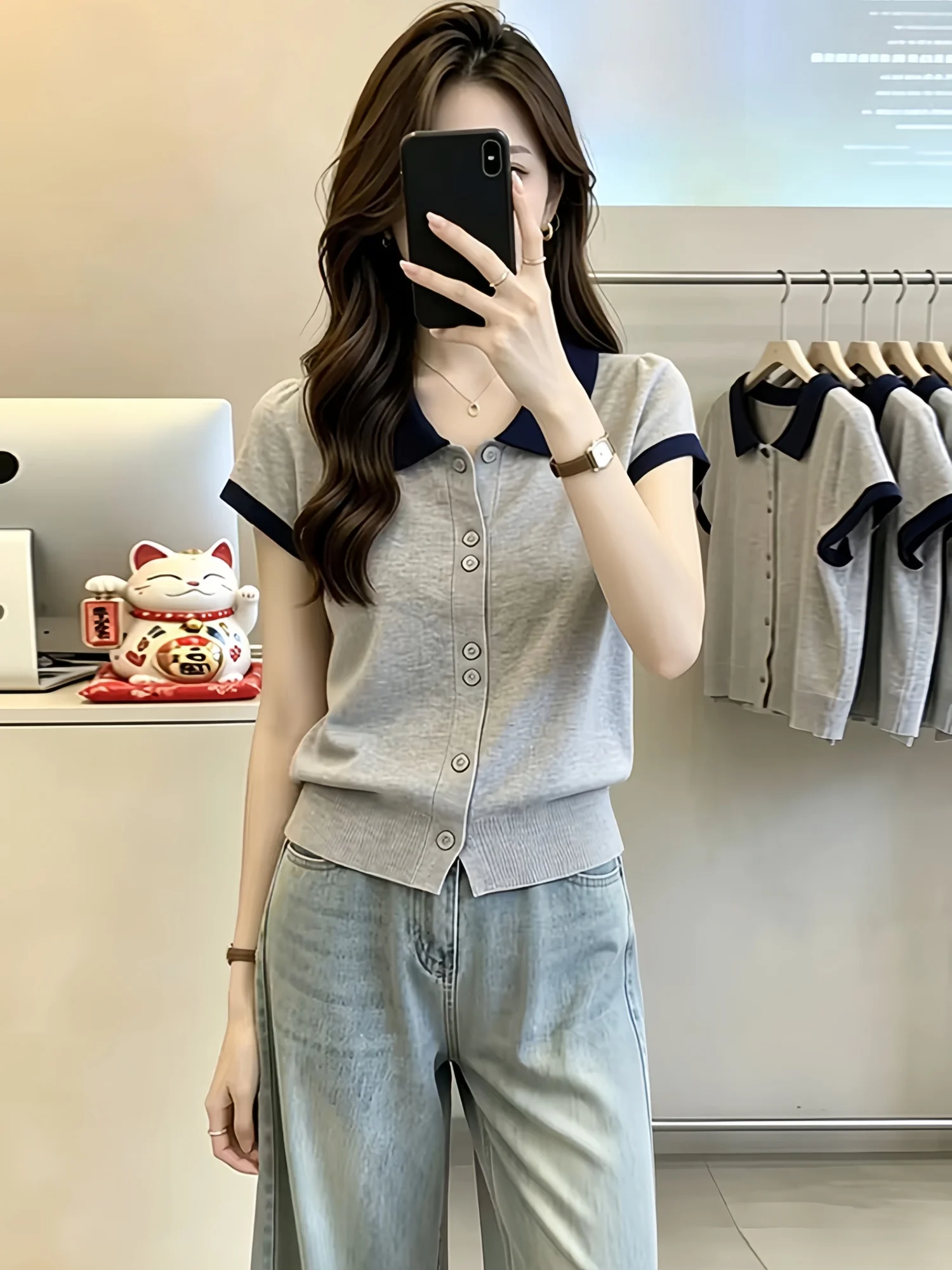 

Color Block Neck Knitted Short Sleeve T-Shirt Women's Summer Casual Style Slimming Open Cardigan Top Design Sensation