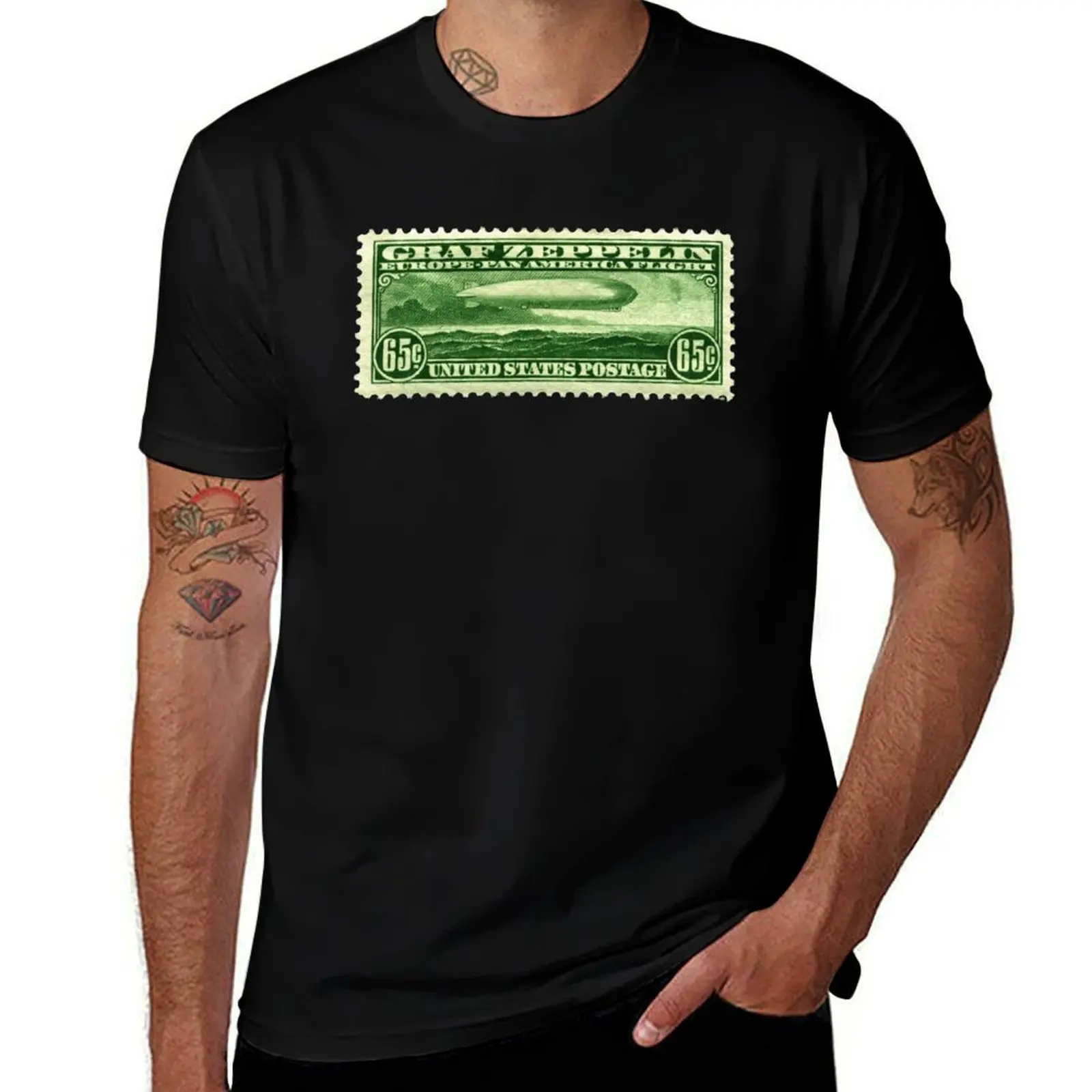 United States Postage Stamp Graf Zeppelin Europe America Flight T-Shirt Basic Plain Short Sleeve Crew Neck Tee