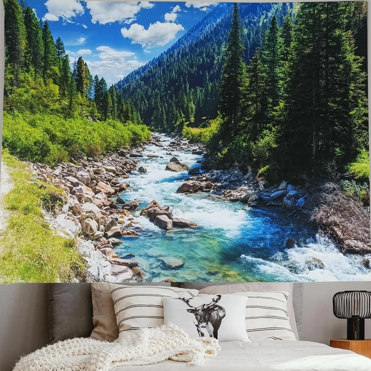 Nature Forest Mountain Tapestry Green Pine Tree Stream Tapestry White Clouds Flowing River Valley Landscape Scenery Tapestries