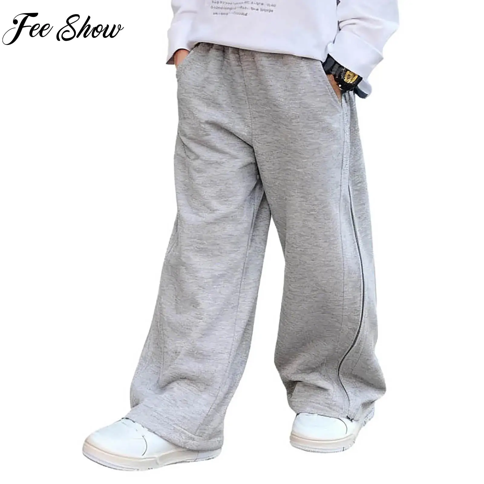 Kids Boys Letter Print Fitness Sweatpants Elastic Waistband Loose Straight-Leg Pants with Pockets for Sports Basketball Running