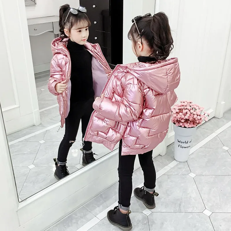 Kids Girls Smooth Fabric Down Cotton Hooded Jackets Fashion Coat Teen Overcoat Winter Outdoor Sports Windproof Snowsuit 2024 New