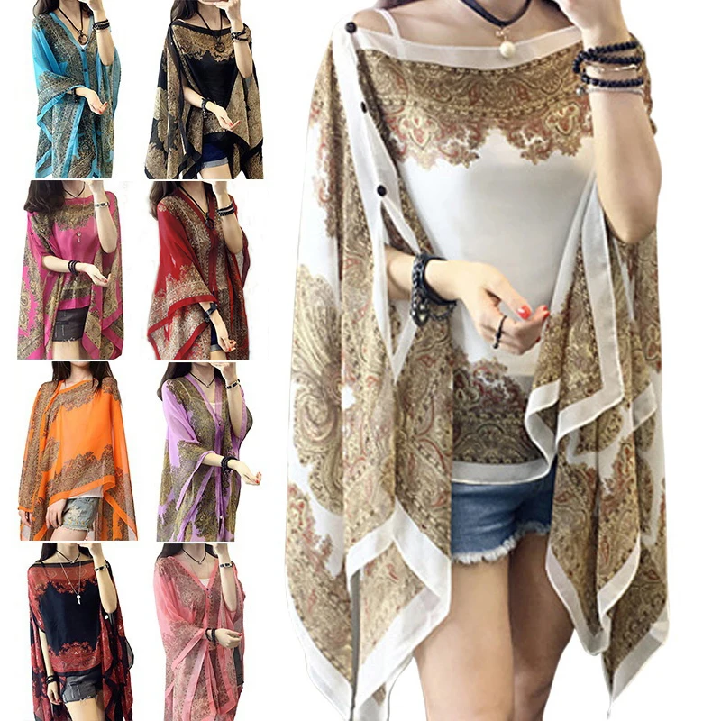 

Printed Chiffon Beach Cover Up Kaftan Beach Tunic Dress Bikini Cover Up Women Swimsuit Sarong Swimwear Beachwear Bathing Suit