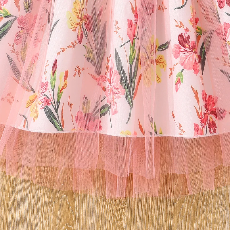 New Summer For 8-12 Years  Girls White  Flying Sleeve Top Pink Printed Tulle Skirt & Belt Casual Style Fashion Trend Daily  Sets