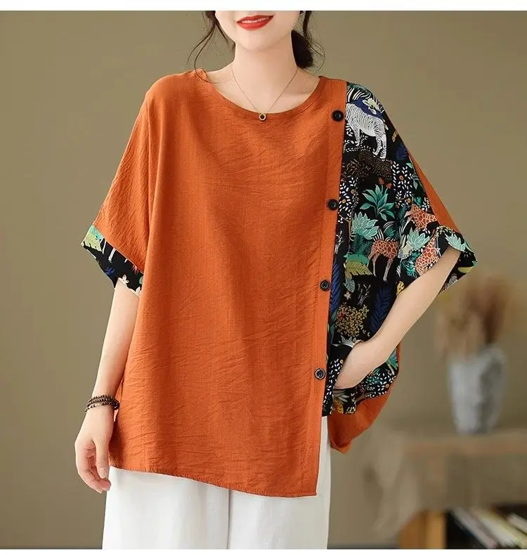 

Summer Oversized Cotton and Linen Loose Print Patchwork Top for Plus-size Women Artistic and Retro Irregular Short-sleeved