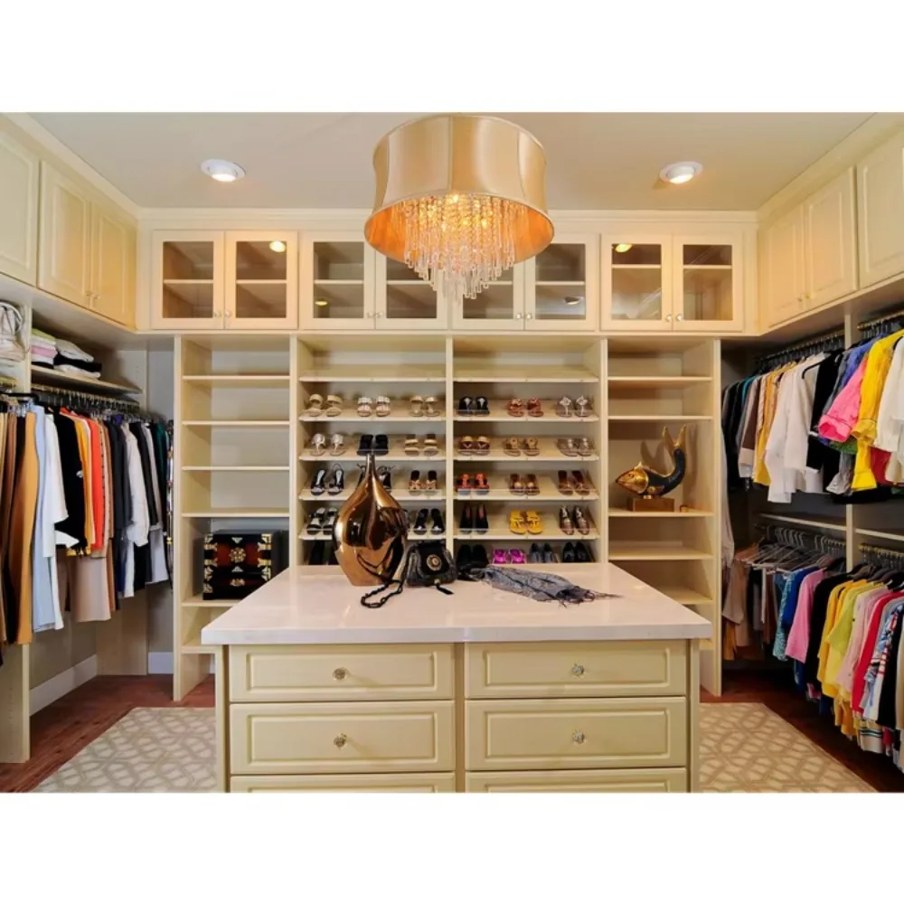 Modern Luxury Storage Wardrobe Designs Custom Melamine Bedroom Furniture Wooden Walk in Closet With Center Island