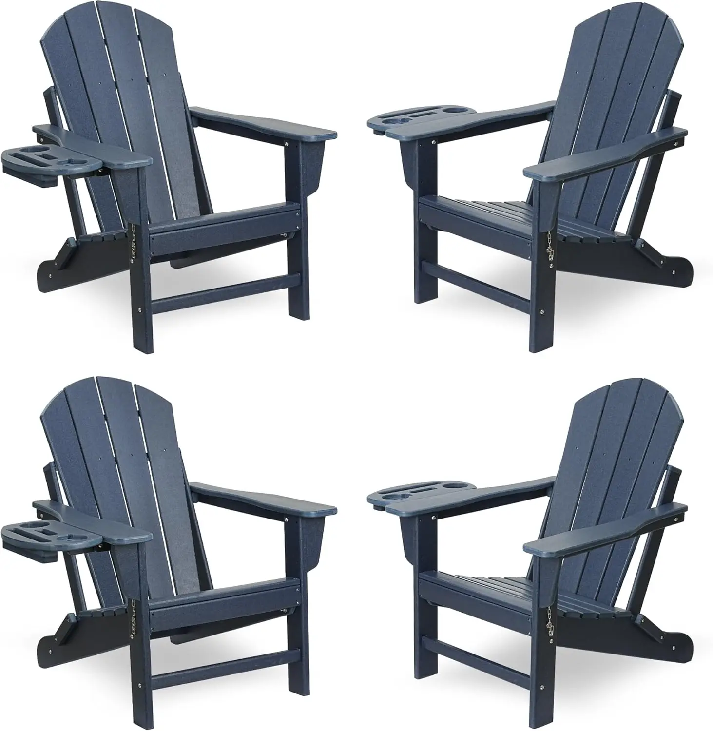 Chair Set of 4, HDPE Folding Adirondack Chair w/4 in 1 Cup Holder Trays,Weather Resistant ,15min Assembly Dark Blue