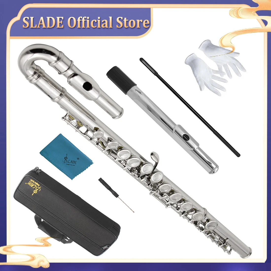 SLADE 16 Hole Flute Nickel Plated Children's Straight & Curved Head Joints Flute Professional Transverse Flute Concert with Part