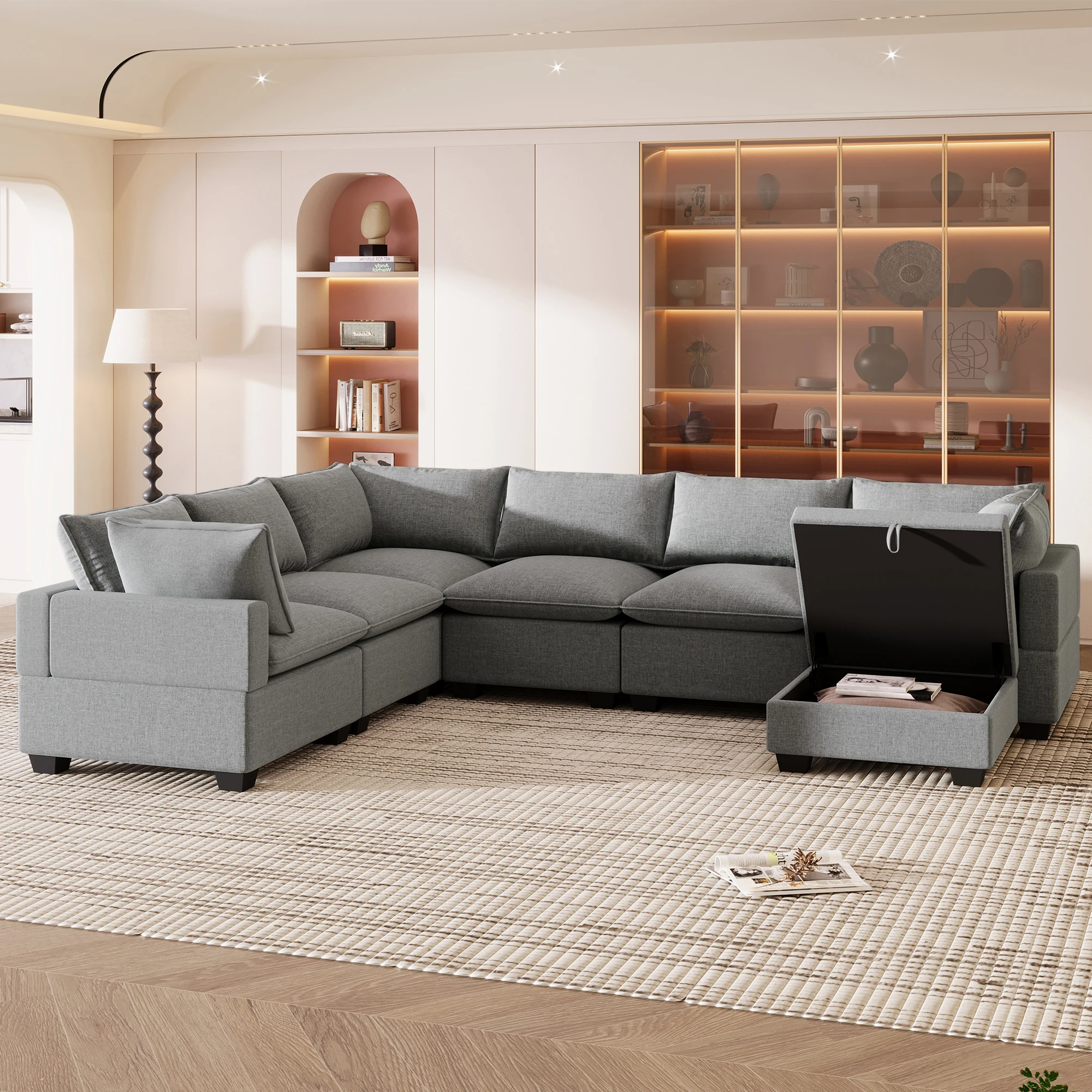 EverHaven Modern U-Shaped 7-Seat Modular Sofa with Storage Ottoman, Luxury Sectional Couch with 2 Pillows for Living Room