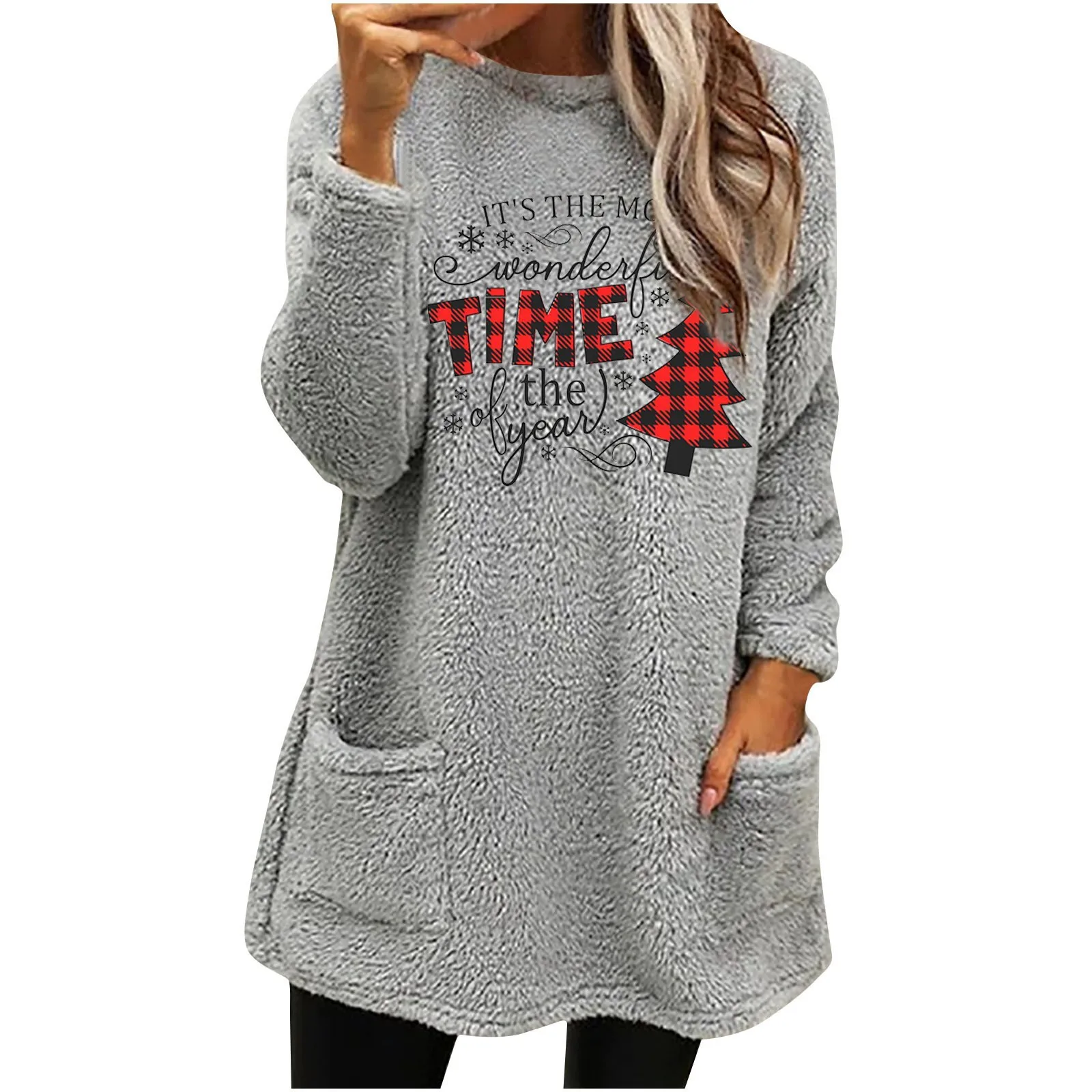 AliExpress European and American cross-border plus-size autumn and winter new casual print pocket plush sweatshirt