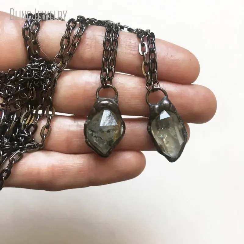 Tibetan Quartz Crystal Minimal Arcane Necklace Gunmetal Chain Herkimer Goth Witch Wicca Talisman Layering Jewelry Chokers