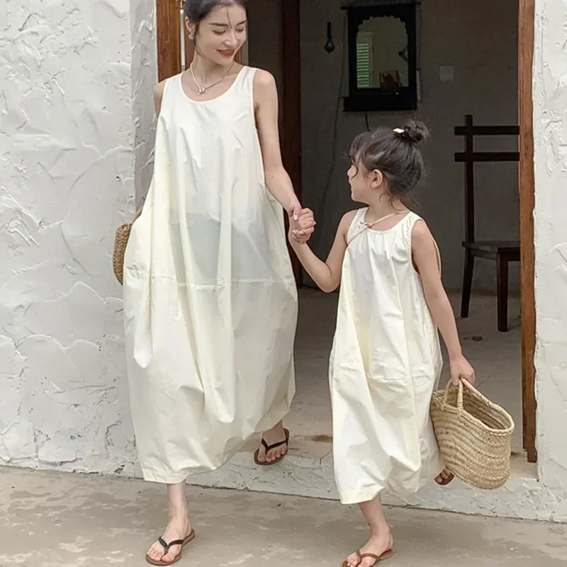 

New Summer mother and daughter dress solid sleeveless bud long dress for mom girls cotton loose family matching outfits holiday