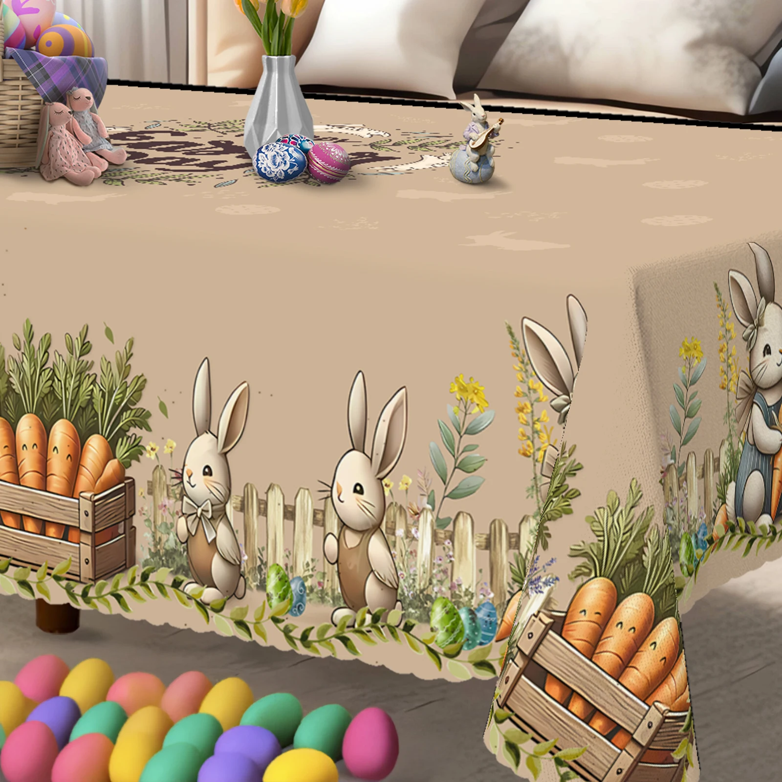 Vintage Pastoral Style Thanksgiving Round/Rectangular Polyester Tablecloth + 4 Self-Adhesive Stickers with Cute Rabbits Holding Carrots Around the Fence Print, Embossed Edges, Suitable for Home Kitchen, Living Room Dining Table, Balcony Coffee Table, Holiday Party Table Decoration, Outdoor Picnic Decoration, Coffee Table Decoration Tablecloth Table Cover, Perfect Gift, Spring, Summer, Autumn, Winter Tablecloth Decoration, Thanksgiving Decoration Oo-042