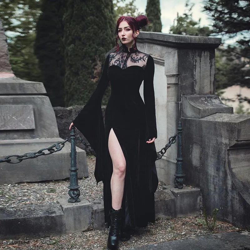 

Female Halloween Day of The Dead Costume Cosplay Witch Sexy Split Horn Sleeves Long Dress Goth Theme Party Role Playing Outfit