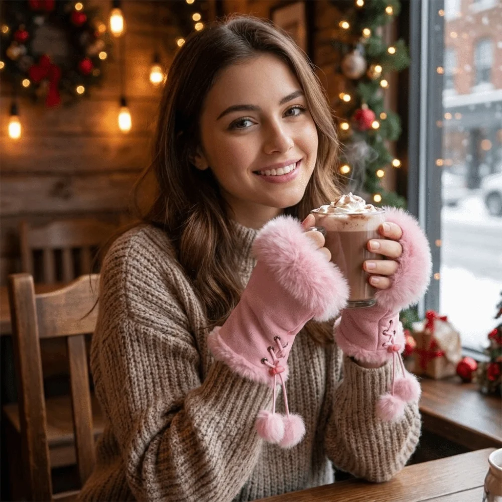 Faux Rabbit Hair Suede Leopard Print Gloves Thicken Plush Warm Fingerless Mittens Windproof Soft Stretch Wrist Warmers Cycling