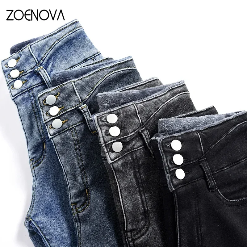 ZOENOVA Fleece Velvet Elastic Women\'s Jeans 2023 Winter Thicken Warm  High Waist Skinny Pants Casual Straight Jean Woman Jegging