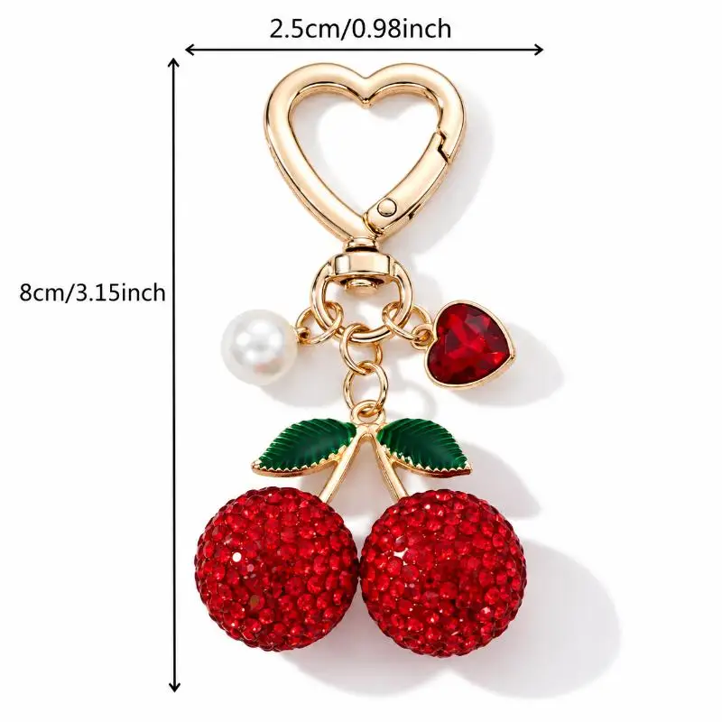 Hübscher, vollständig mit Diamanten besetzter, herzförmiger, großer Kirsch-Emaille-Schlüsselanhänger, ausgefallener Handtaschenanhänger im Industriestil, Geschenk für Mädchen – Detail 6